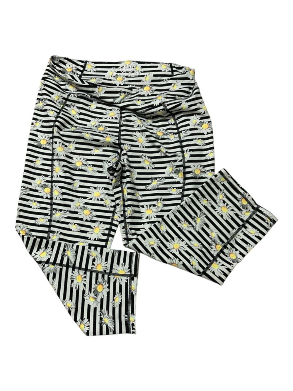 Betsey Johnson Black & White Striped Daisy Leggings with Yellow Centers